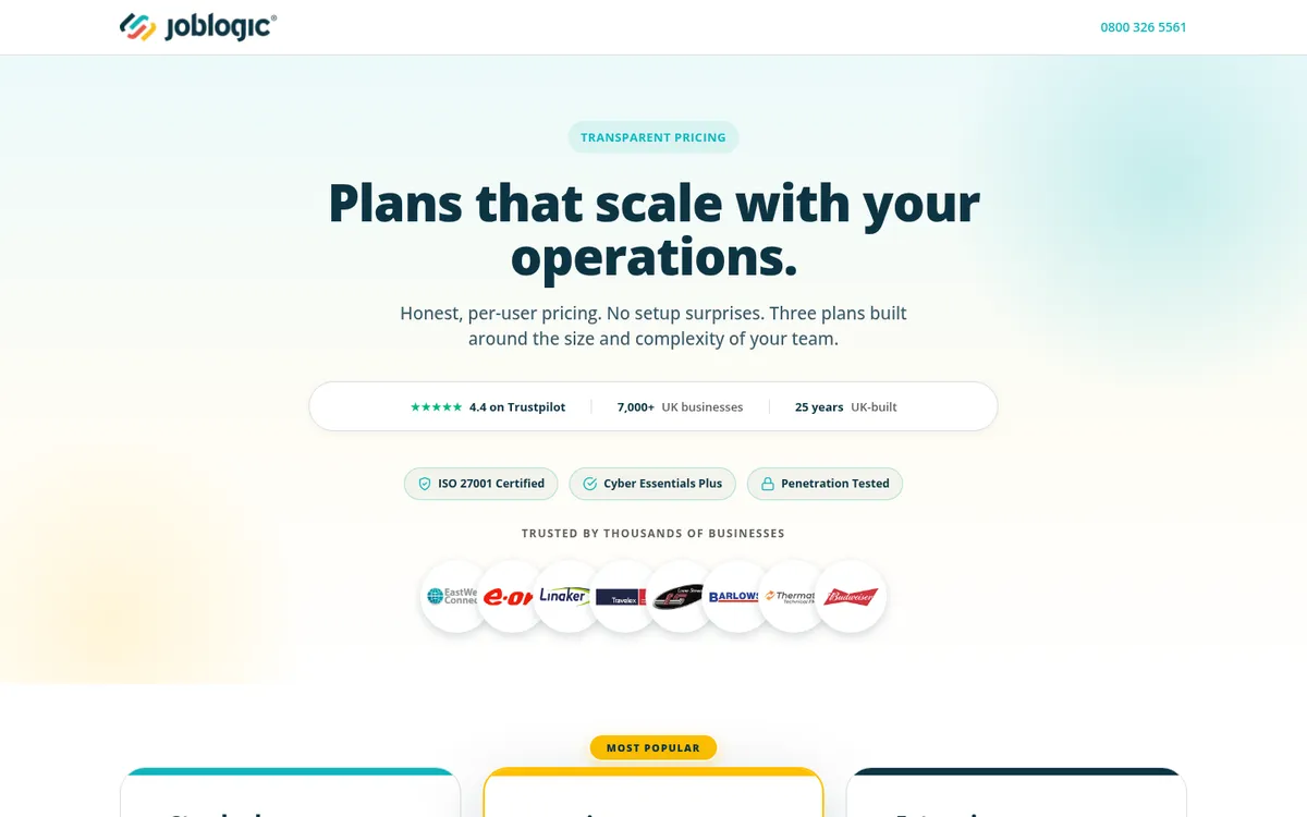 Screenshot of the Joblogic pricing page