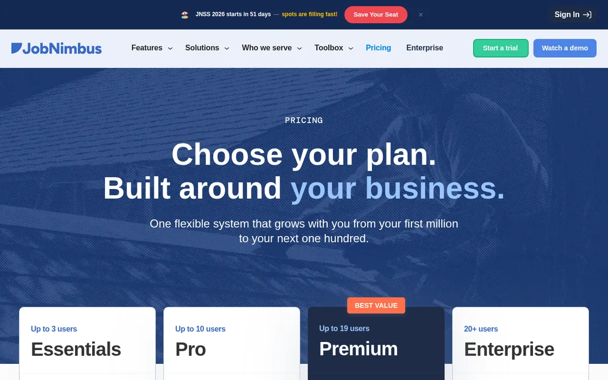 Screenshot of the JobNimbus pricing page