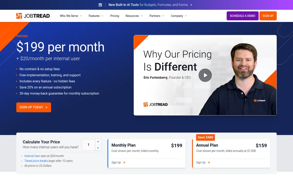 Screenshot of the JobTread pricing page