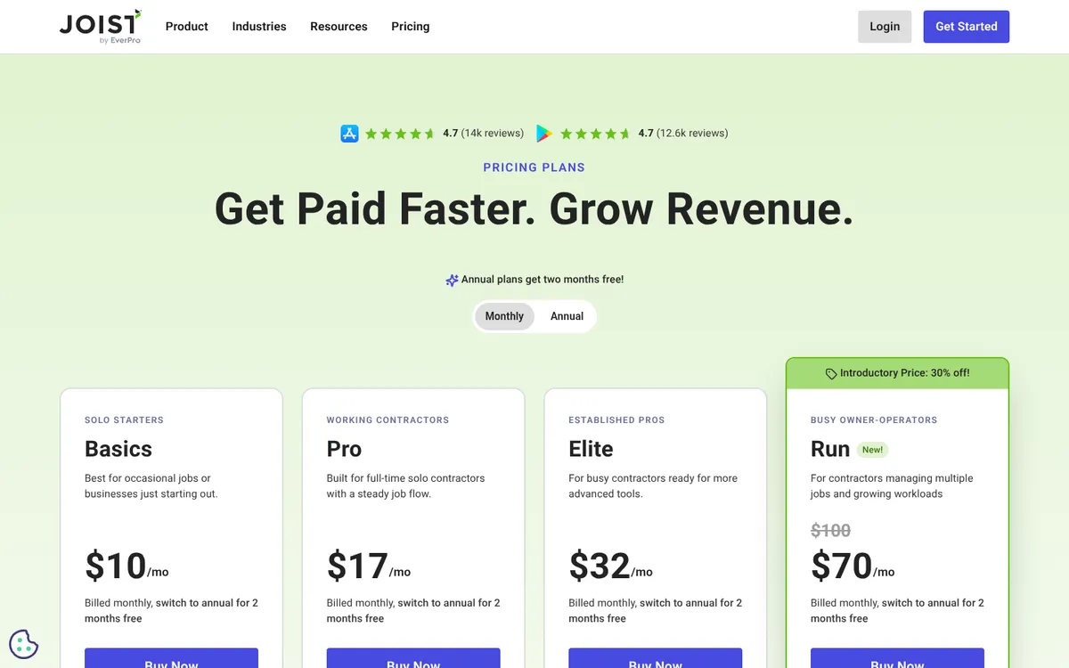 Screenshot of the Joist pricing page