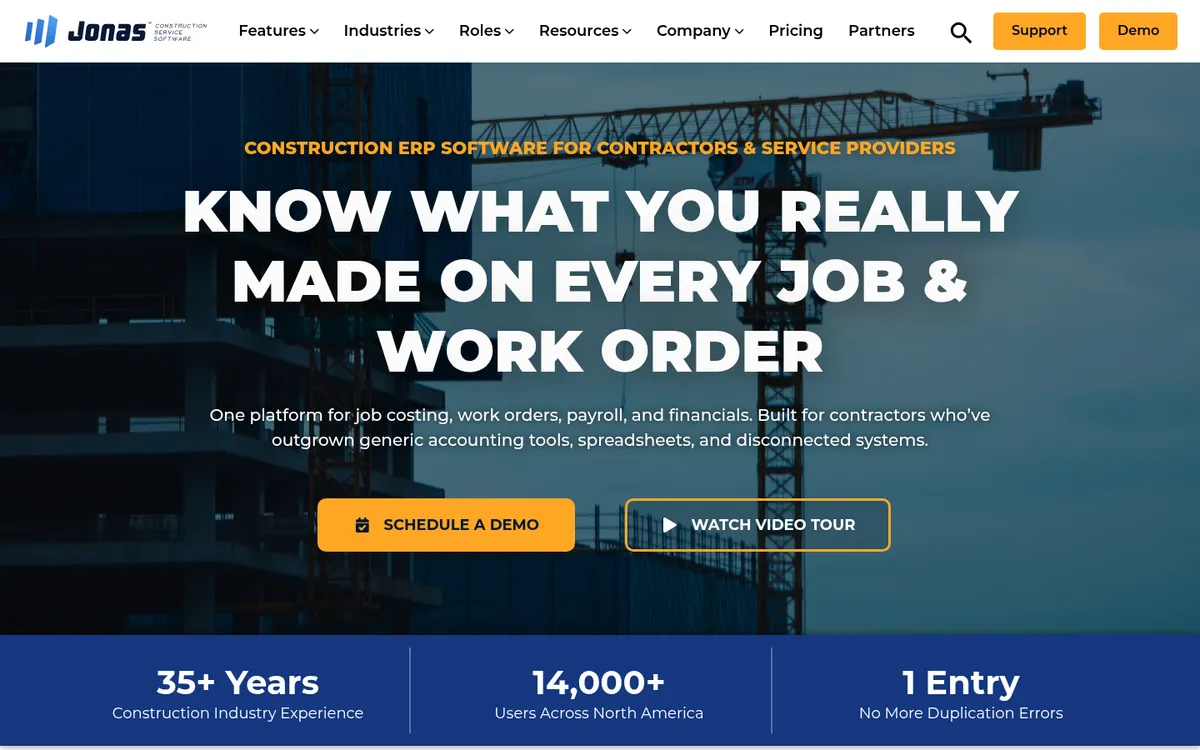 Screenshot of the Jonas Construction Software website