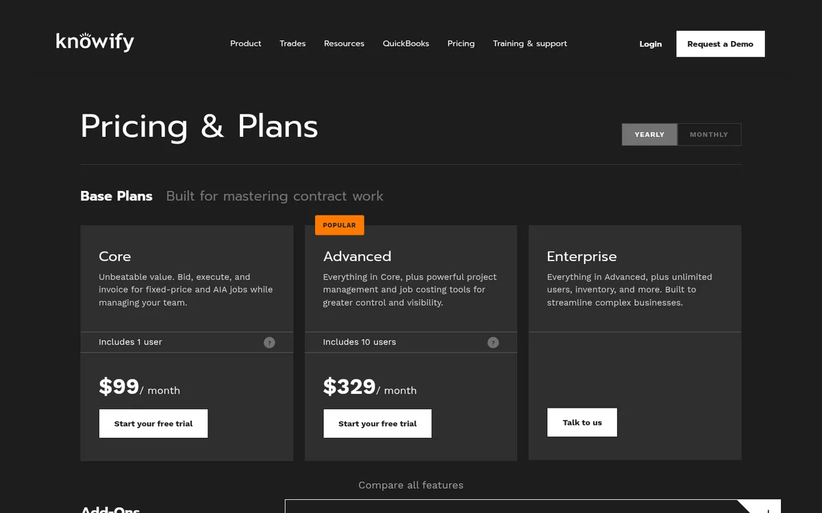 Screenshot of the Knowify pricing page