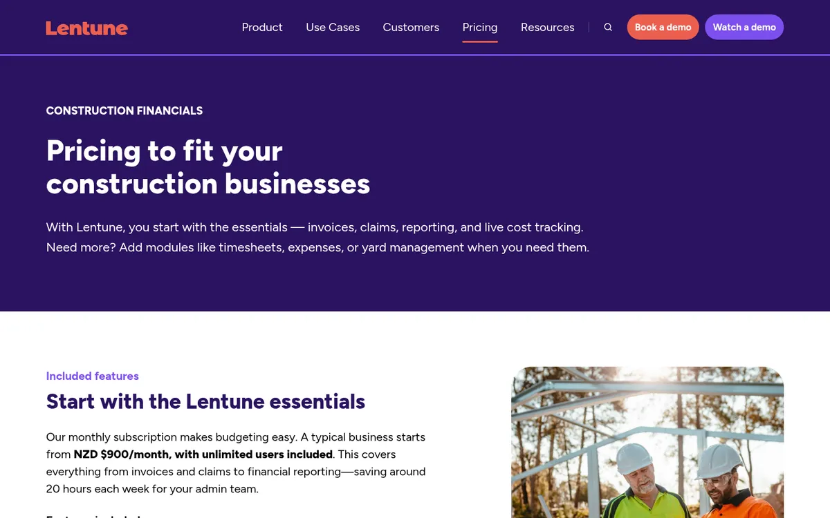 Screenshot of the Lentune pricing page