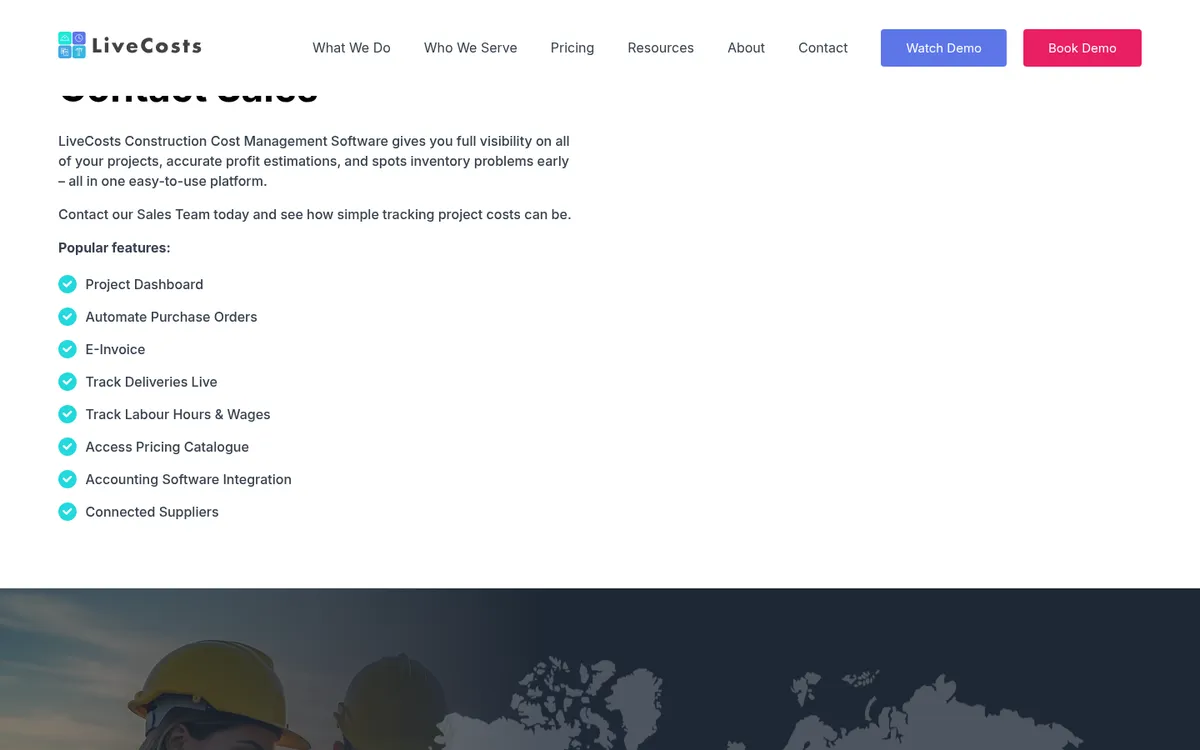 Screenshot of the LiveCosts pricing page
