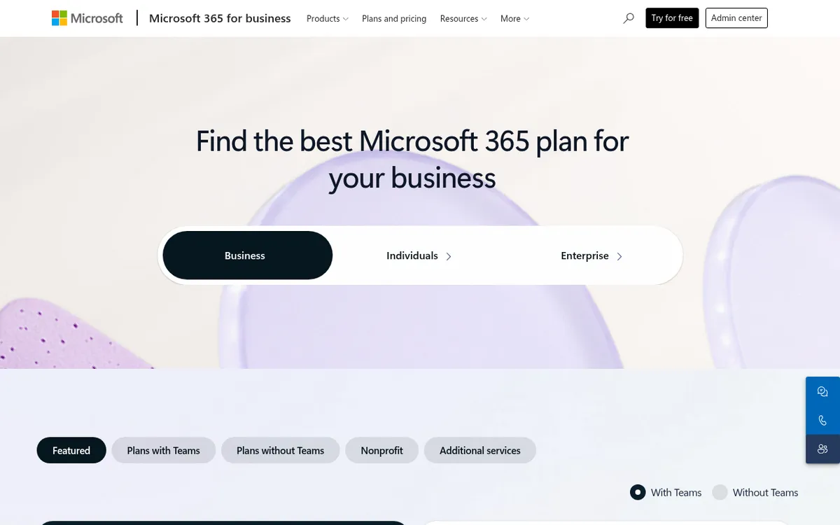 Screenshot of the Microsoft 365 (Excel) pricing page