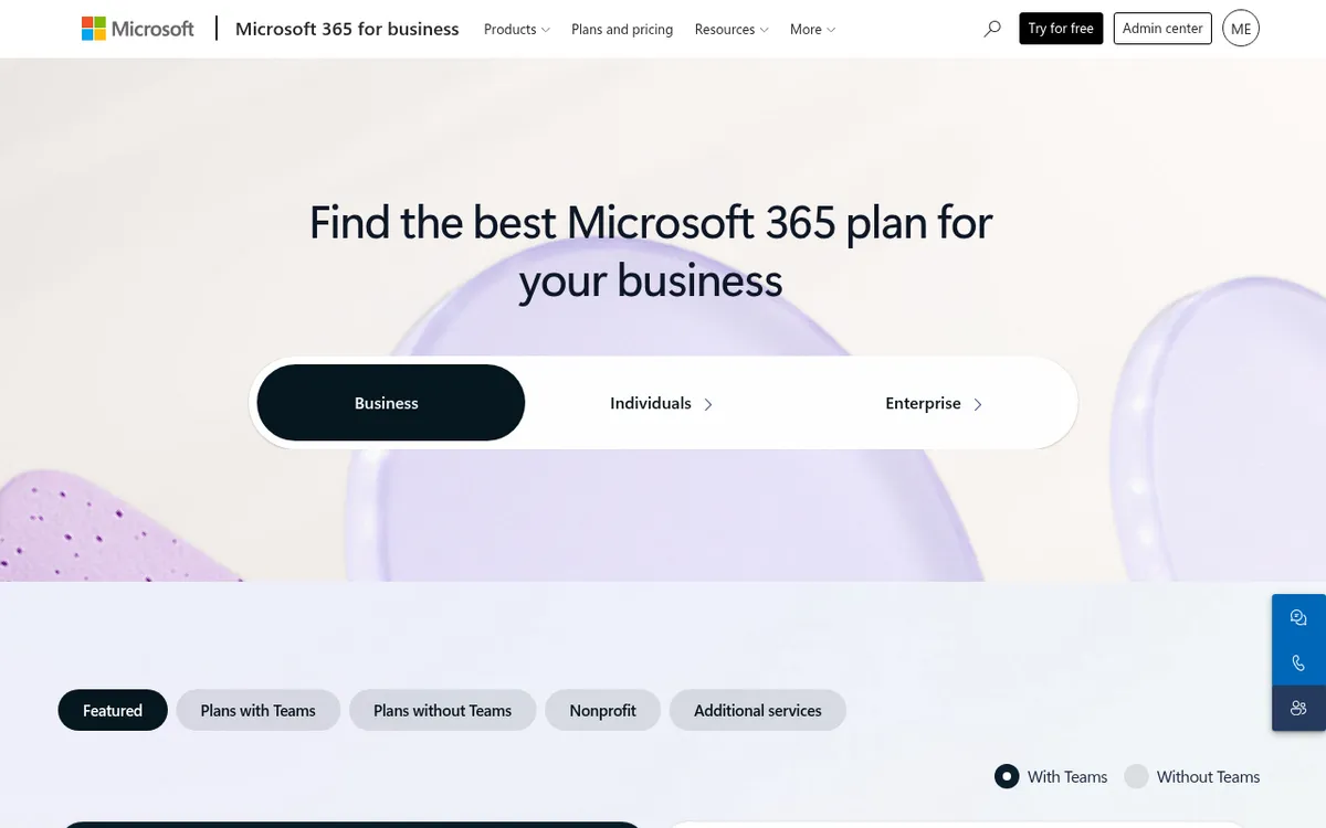 Screenshot of the Microsoft 365 Business pricing page