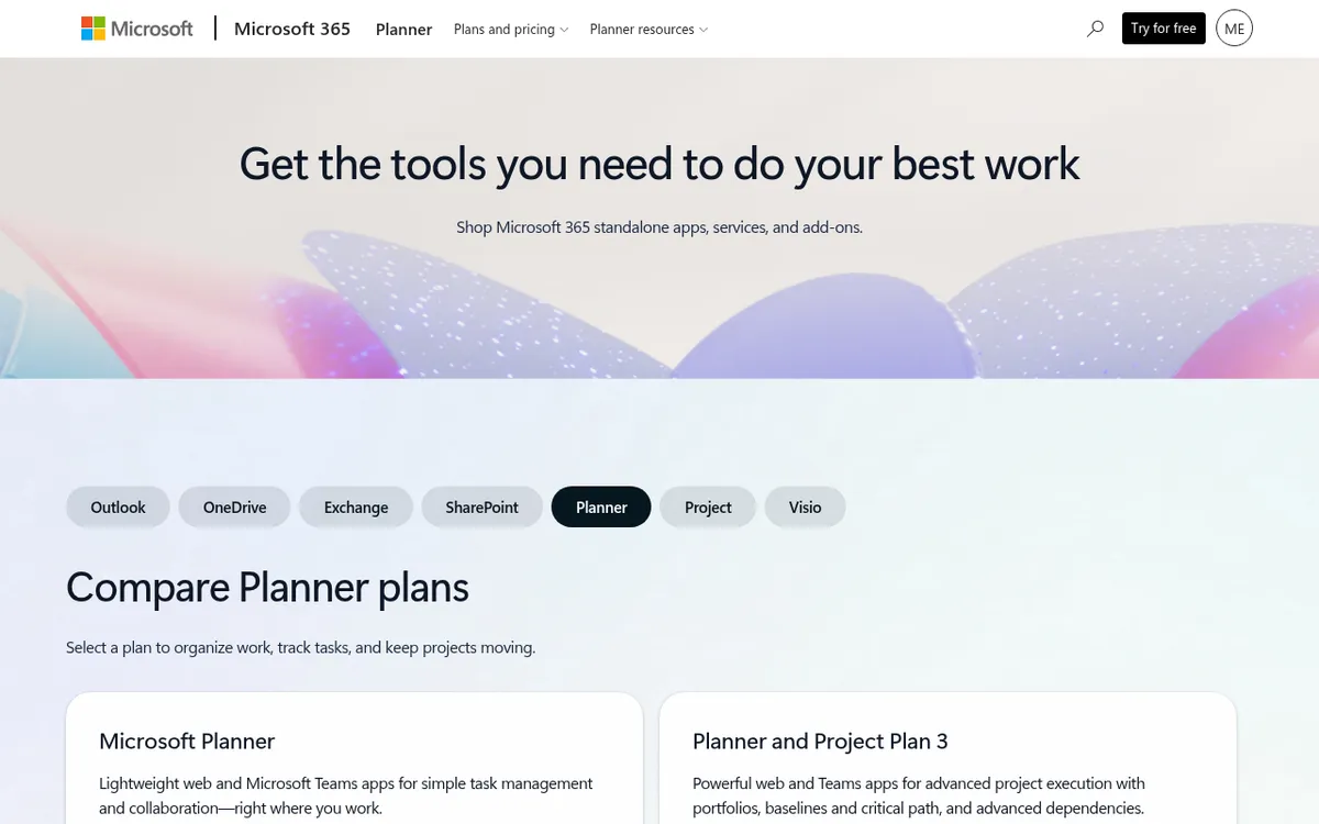 Screenshot of the Microsoft Planner UK pricing page