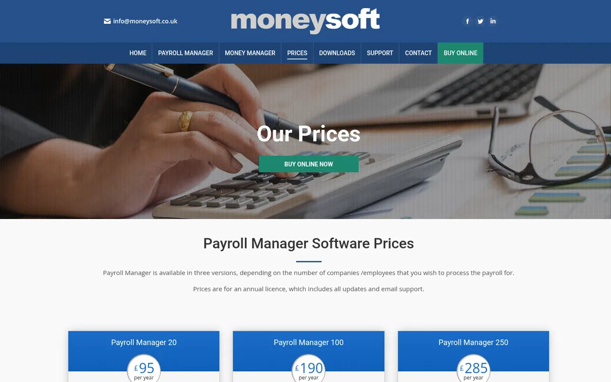 Screenshot of the Moneysoft pricing page