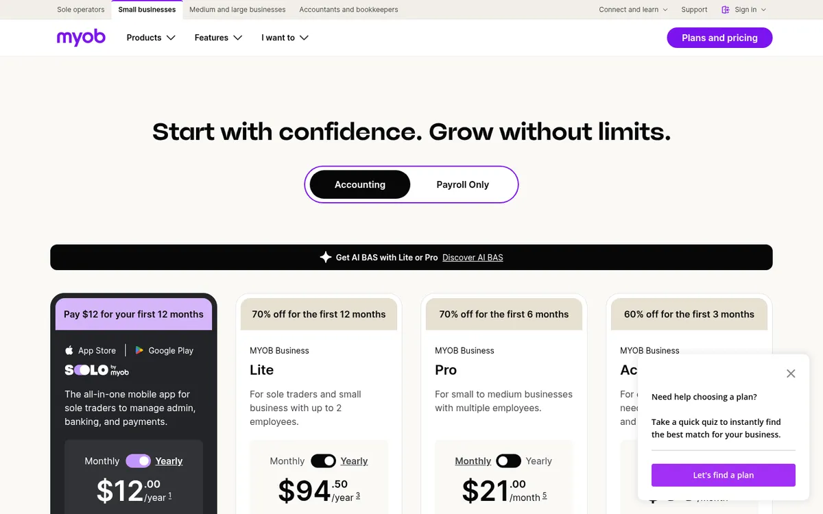 Screenshot of the MYOB pricing page
