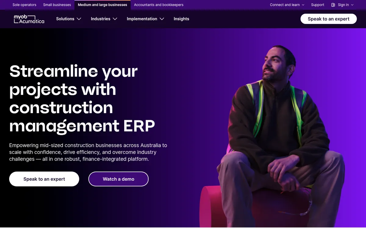 Screenshot of the MYOB Acumatica Construction website