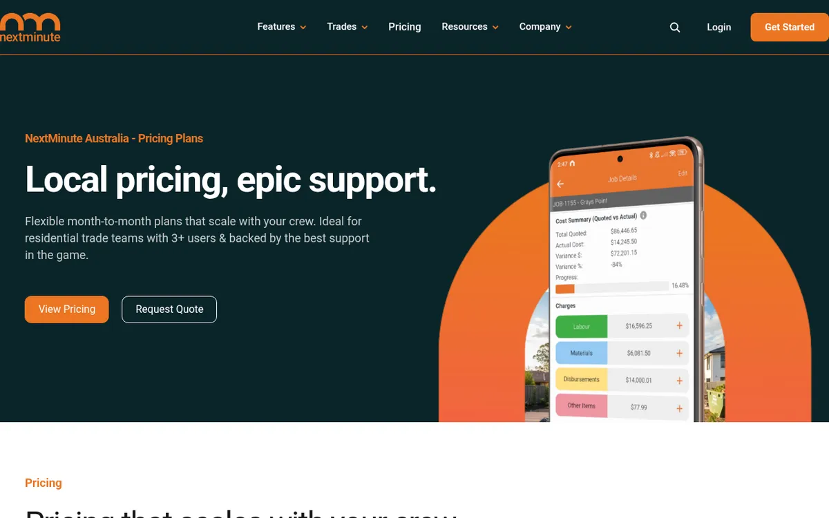 Screenshot of the NextMinute Australia pricing page