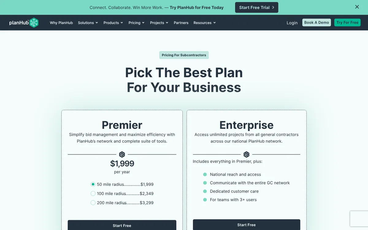 Screenshot of the PlanHub pricing page
