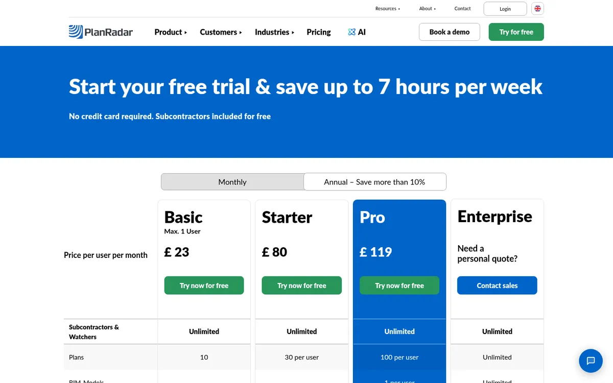 Screenshot of the PlanRadar UK pricing page