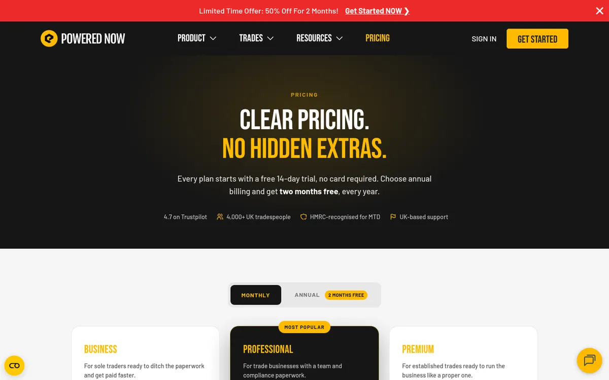 Screenshot of the Powered Now pricing page