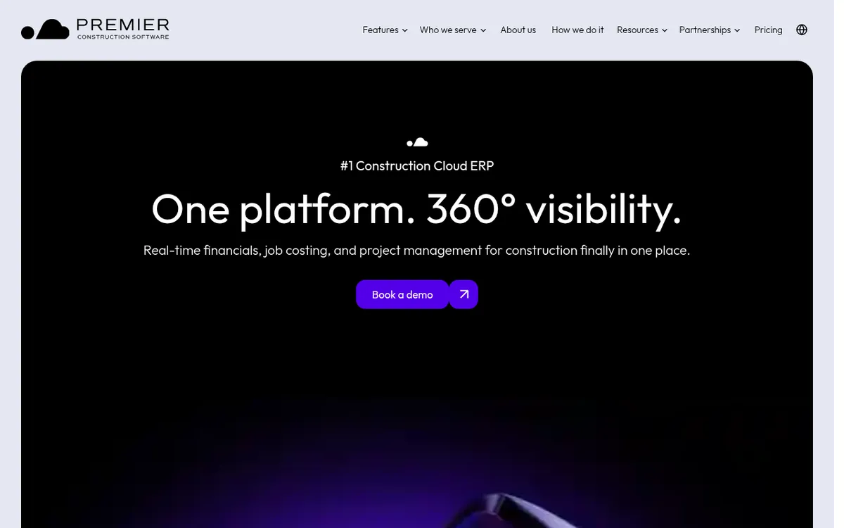 Screenshot of the Premier construction ERP website
