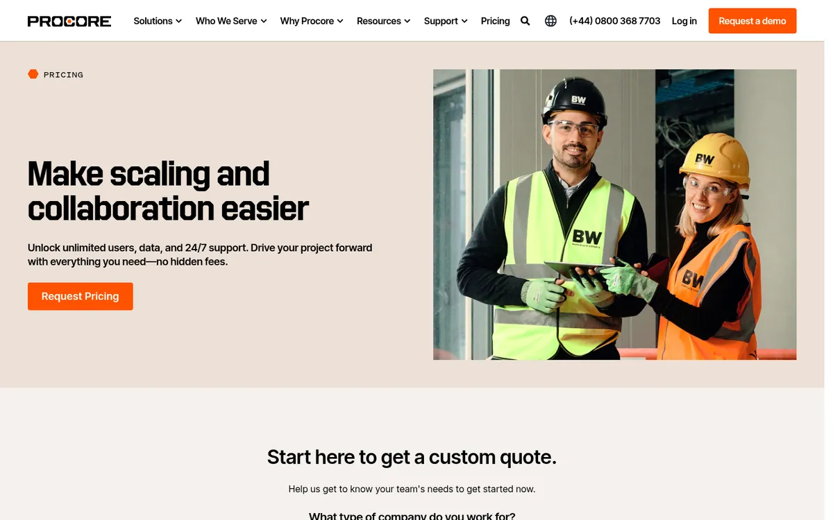 Screenshot of the Procore pricing page