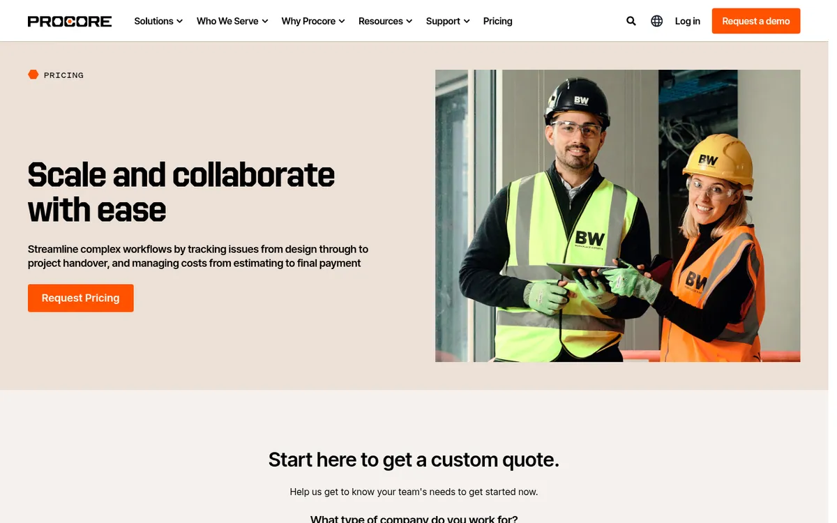 Screenshot of the Procore pricing page