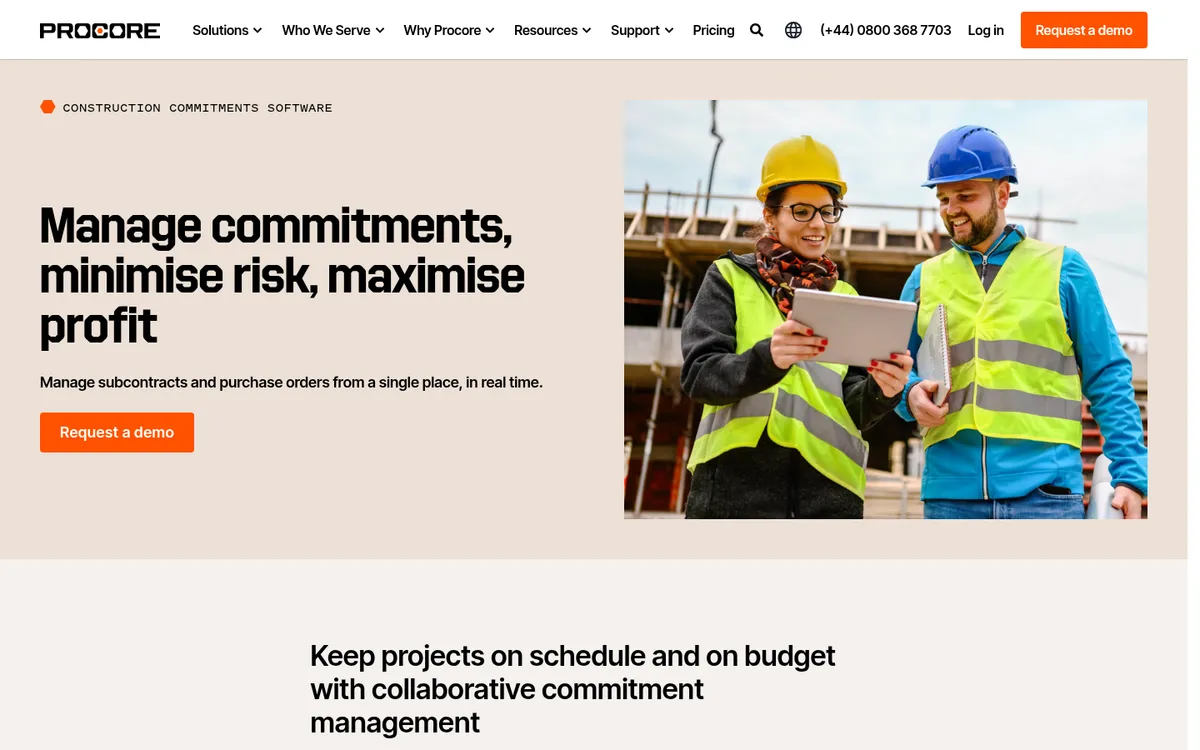 Screenshot of the Procore Commitments website