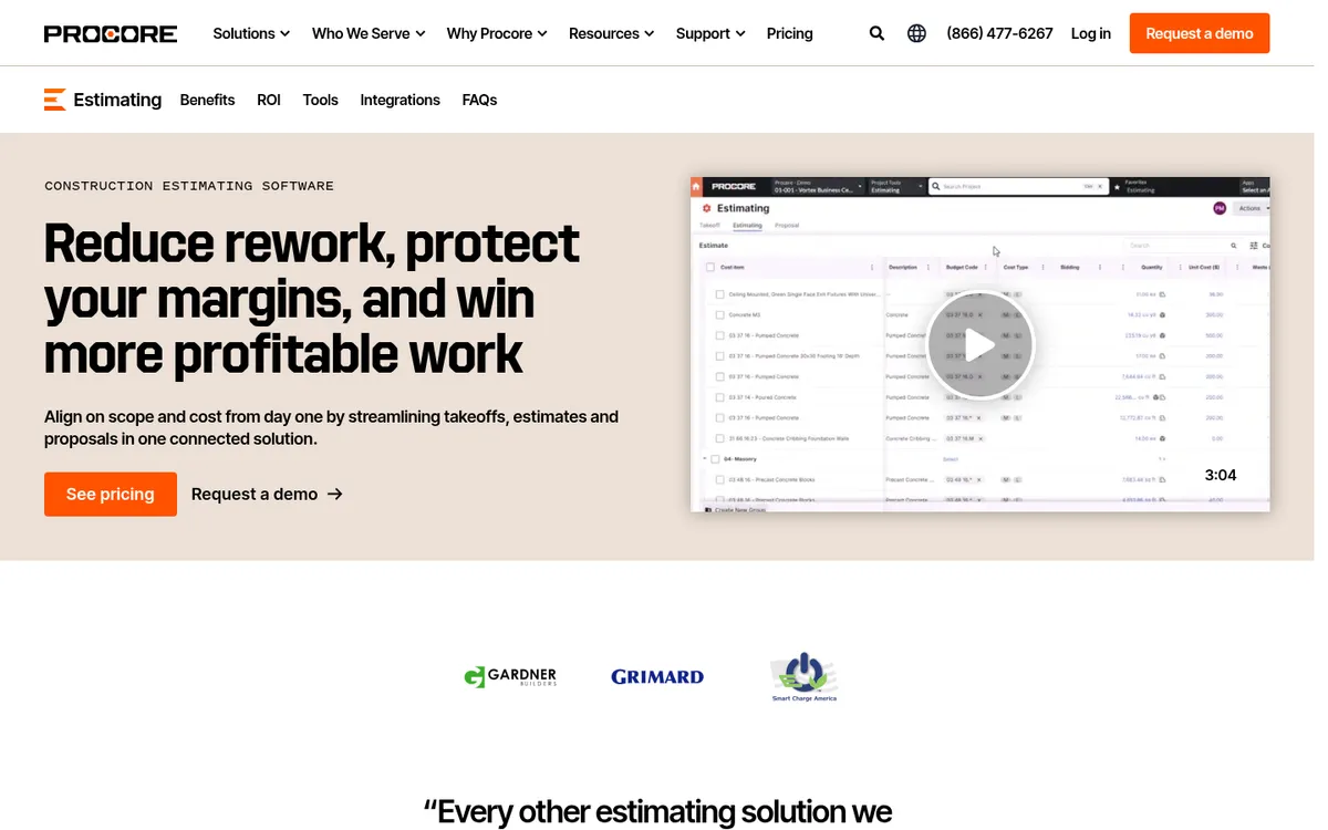 Screenshot of the Procore Estimating website
