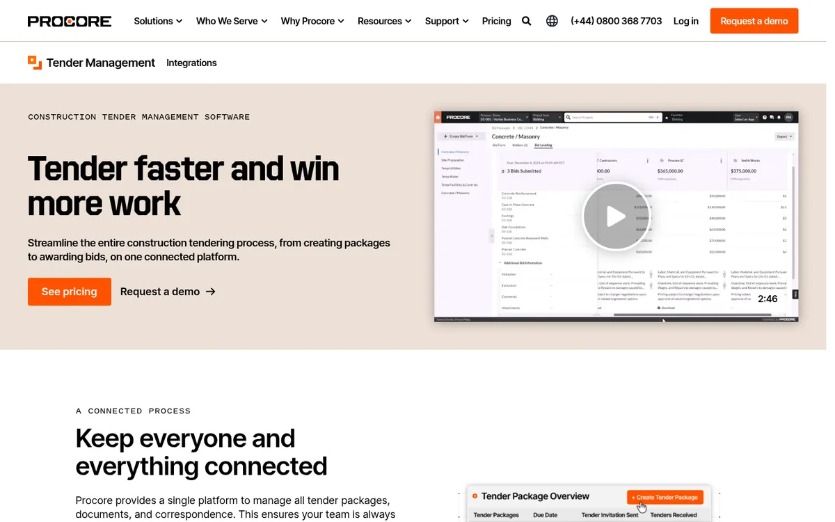 Screenshot of the Procore Tender Management website