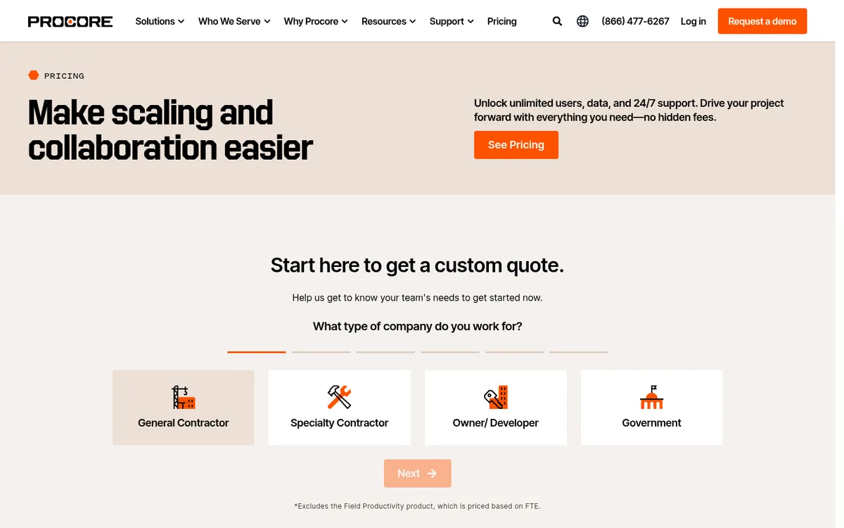 Screenshot of the Procore pricing page