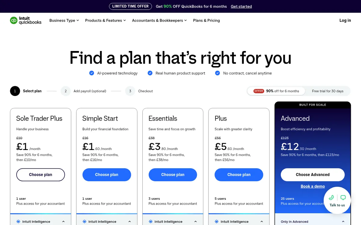 Screenshot of the QuickBooks pricing page