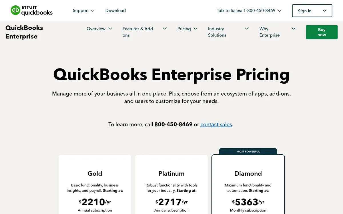 Screenshot of the QuickBooks Desktop Enterprise pricing page