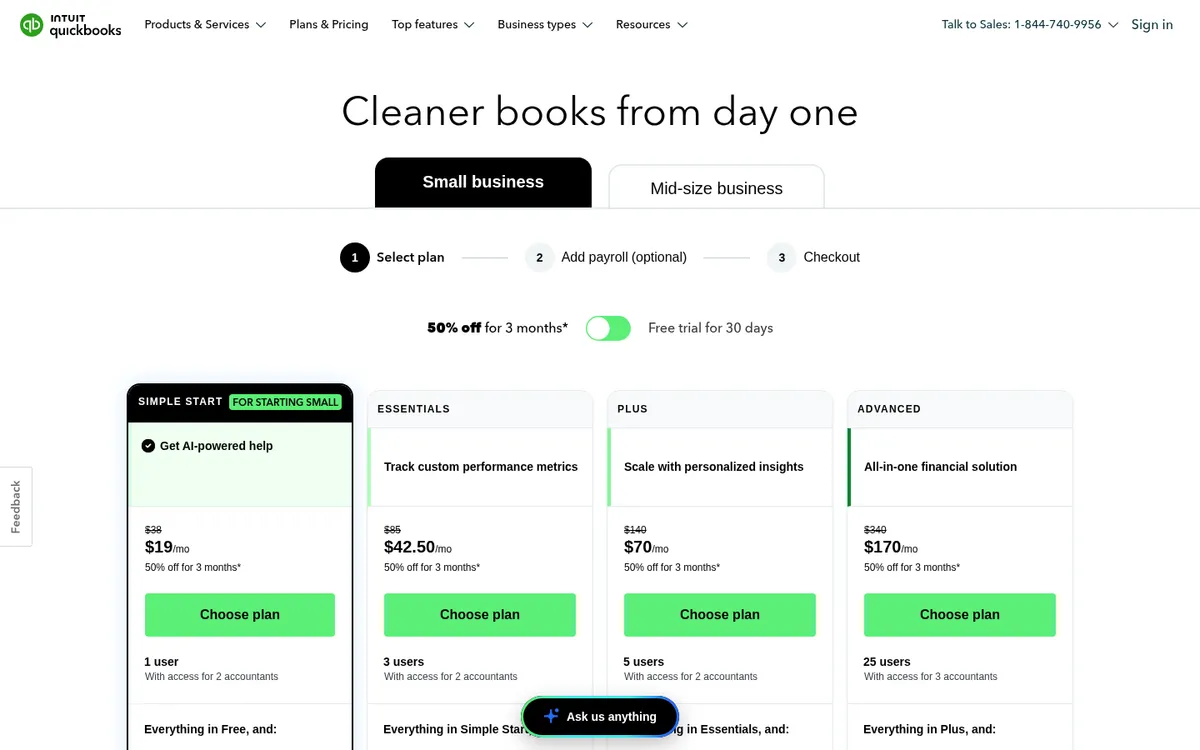 Screenshot of the QuickBooks Online US pricing page