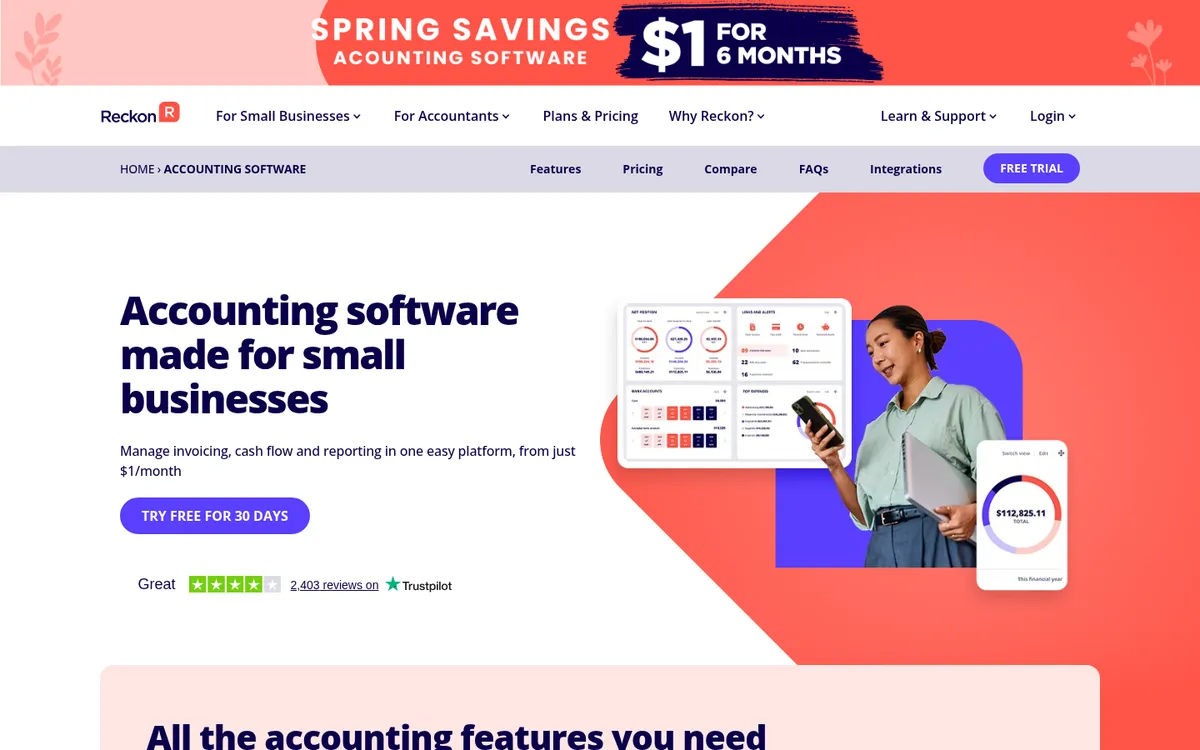 Screenshot of the Reckon One pricing page