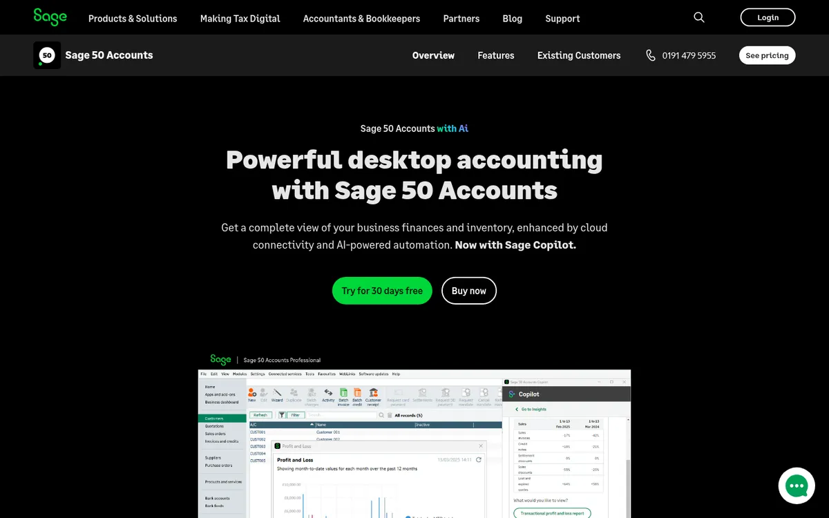 Screenshot of the Sage 50 pricing page