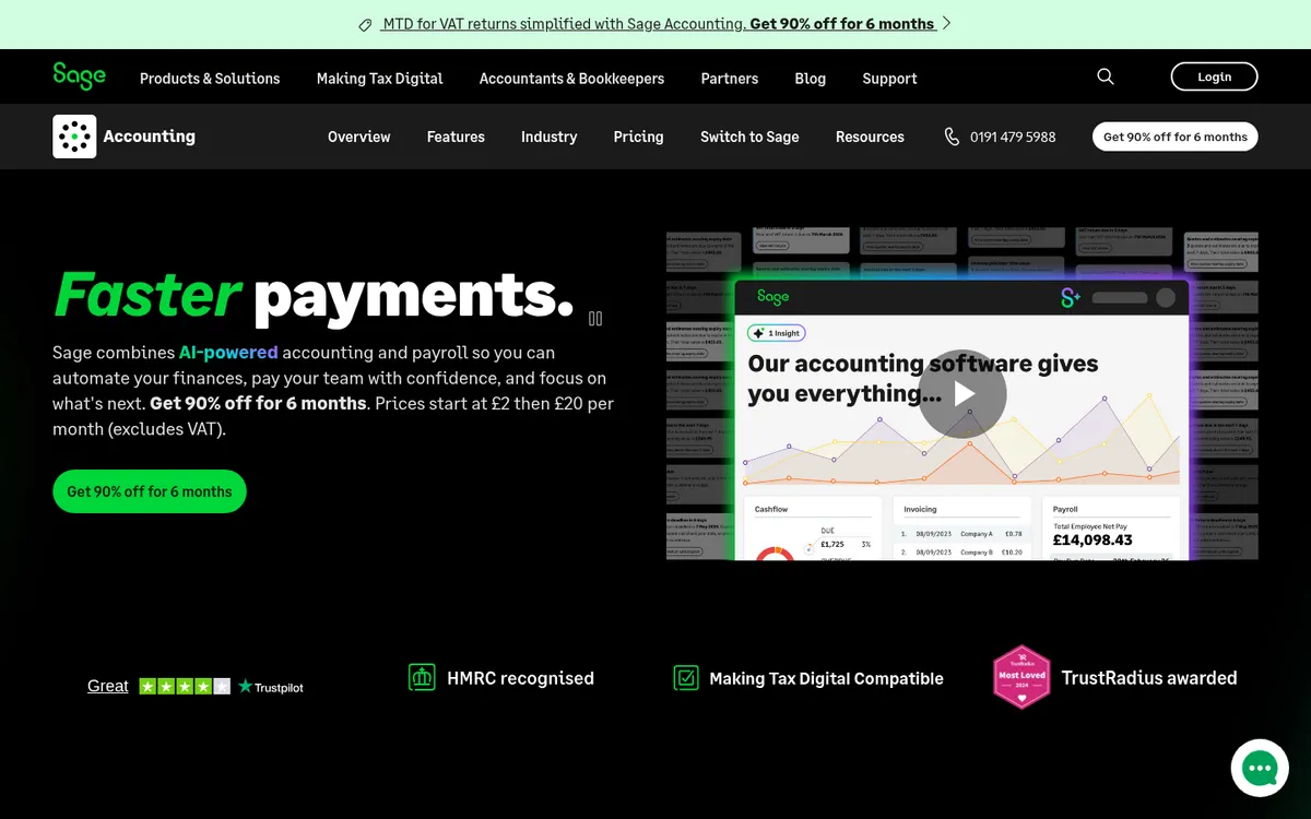 Screenshot of the Sage Accounting pricing page