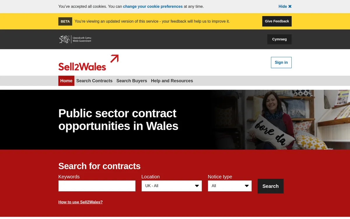 Screenshot of the Sell2Wales website