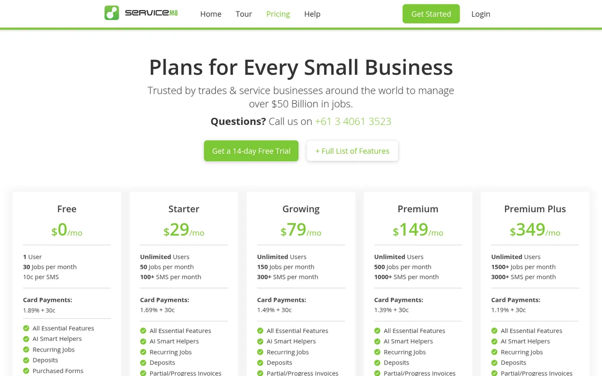 Screenshot of the ServiceM8 Australia pricing page