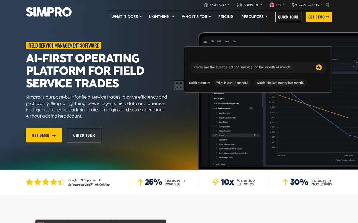 Screenshot of the Simpro website