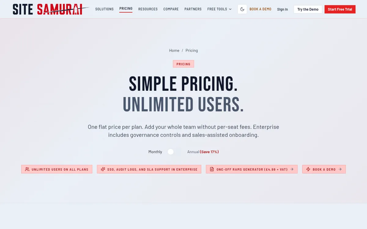 Screenshot of the SiteSamurai pricing page