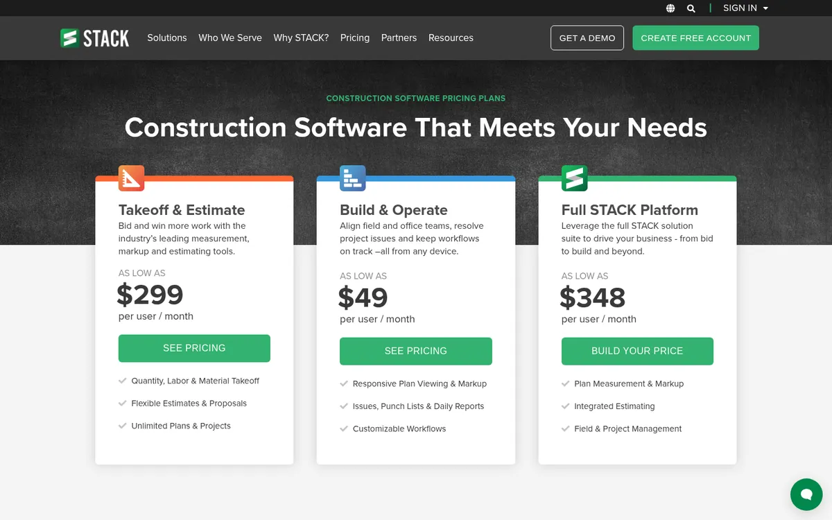 Screenshot of the STACK pricing page