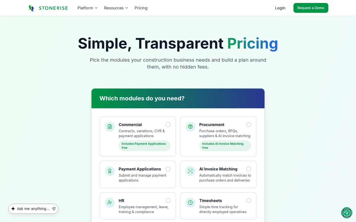 Screenshot of the StoneRise pricing page