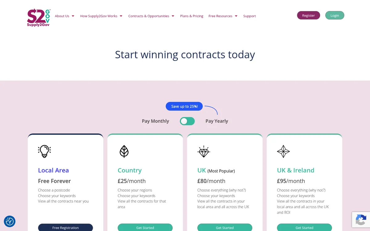 Screenshot of the Supply2Gov pricing page