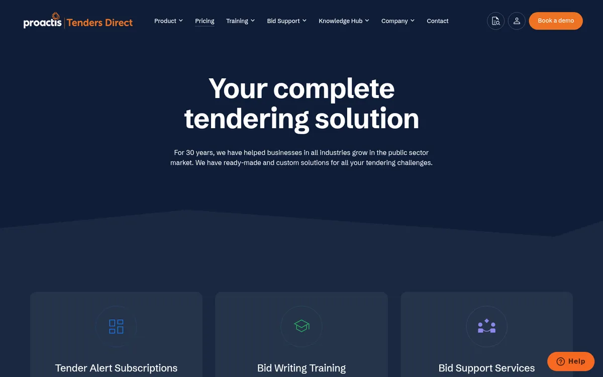 Screenshot of the Tenders Direct pricing page