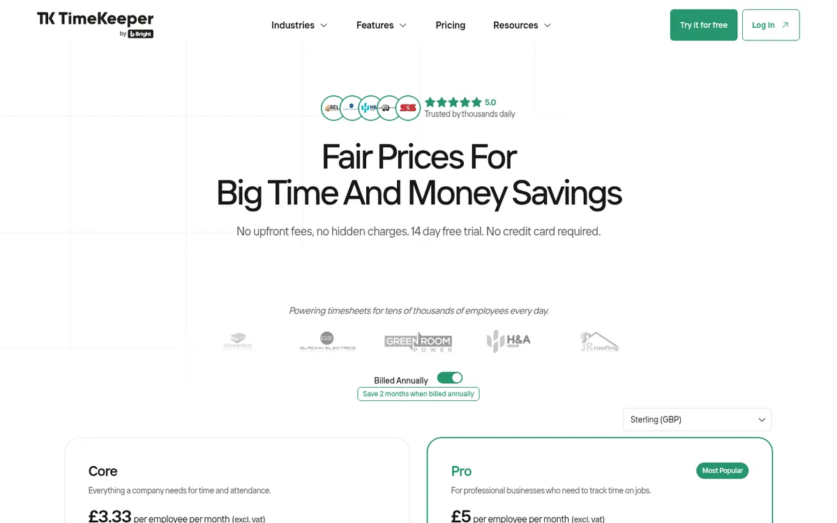 Screenshot of the TimeKeeper pricing page