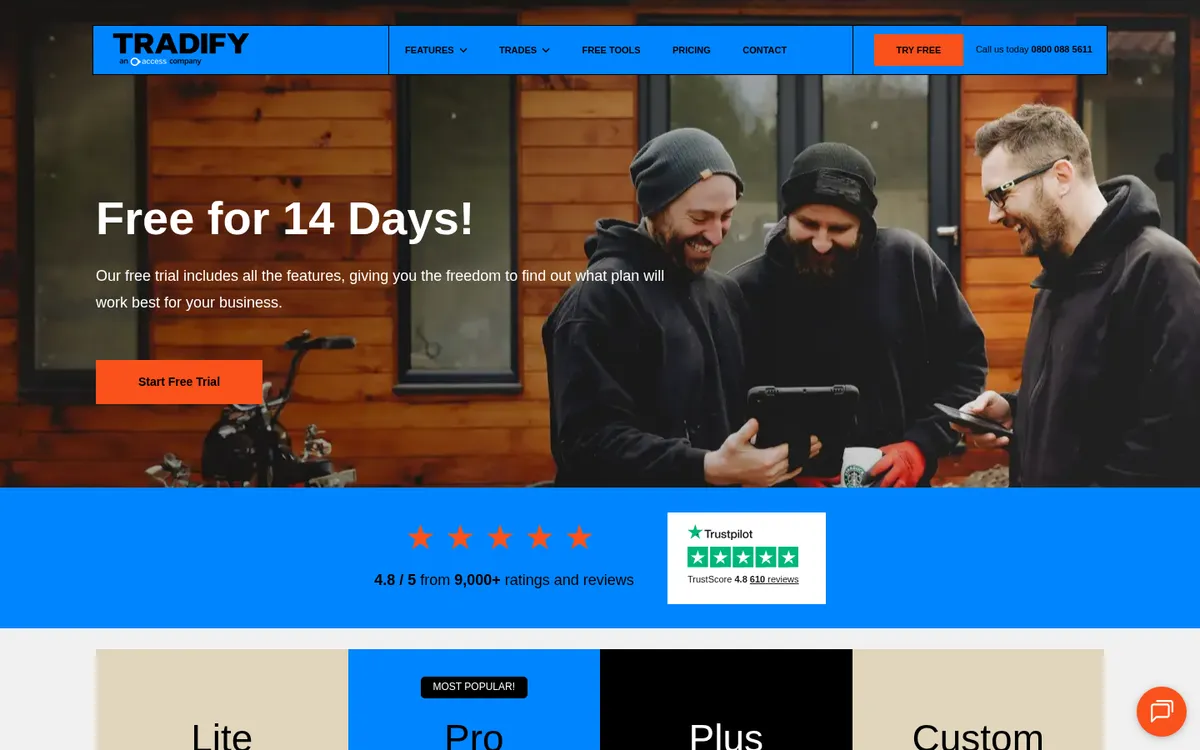 Screenshot of the Tradify pricing page