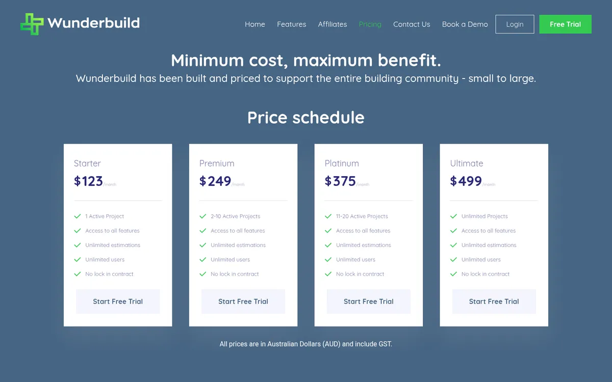 Screenshot of the Wunderbuild pricing page