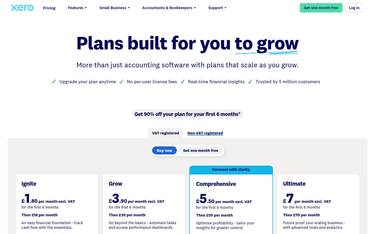 Screenshot of the Xero pricing page