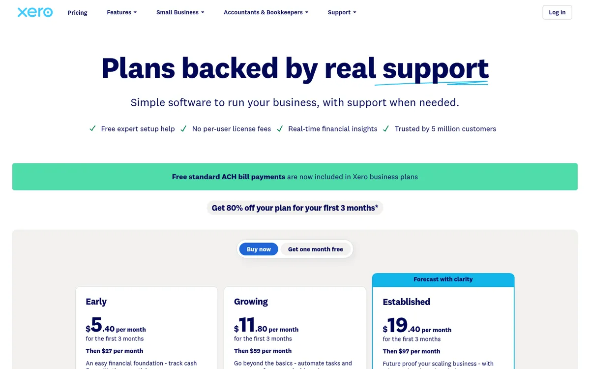 Screenshot of the Xero US pricing page