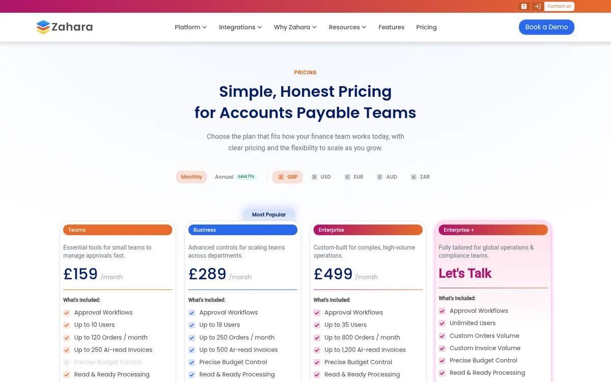 Screenshot of the Zahara pricing page