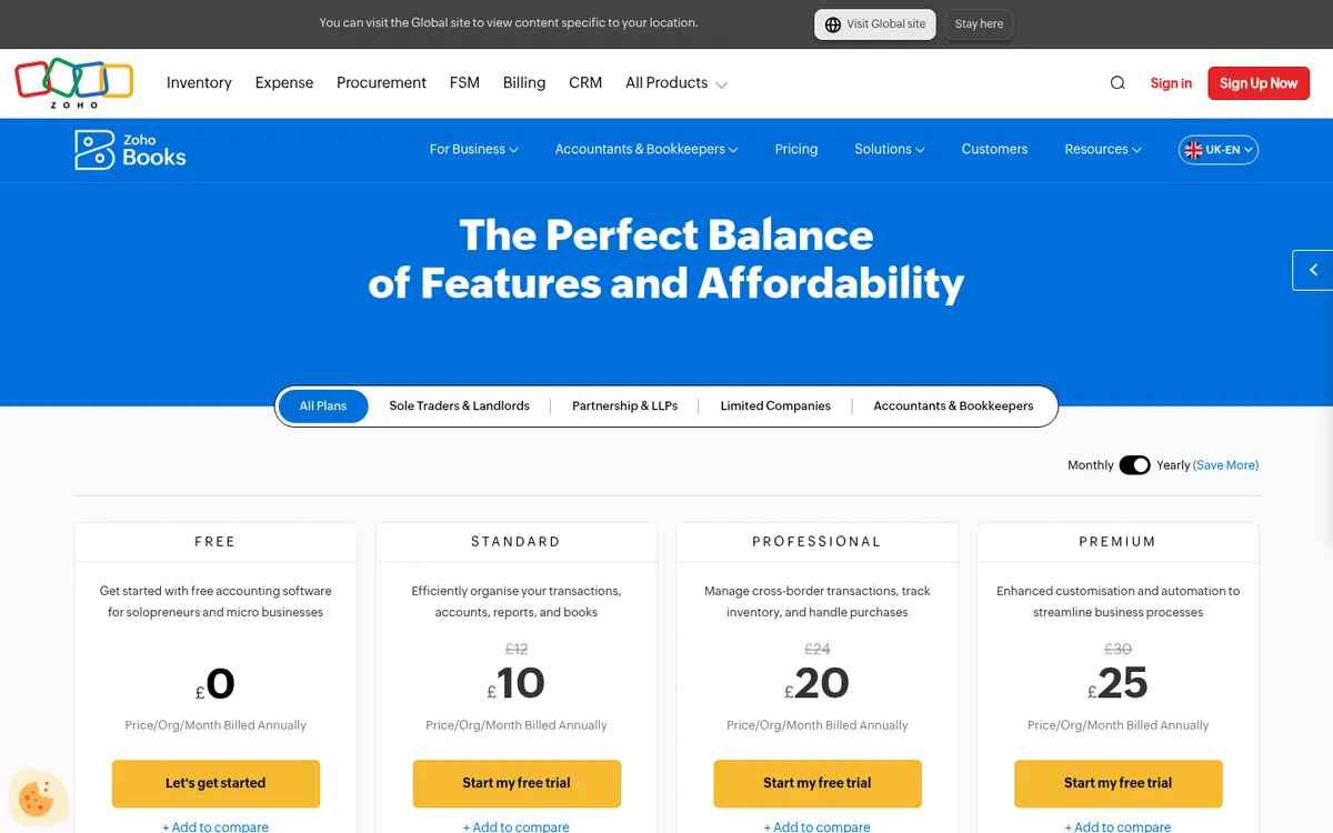 Screenshot of the Zoho Books pricing page